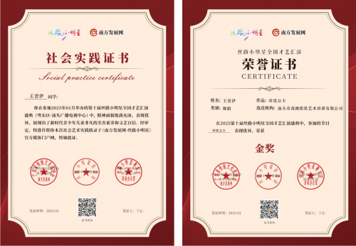 2025丝路小明星粤东区证书：王若伊