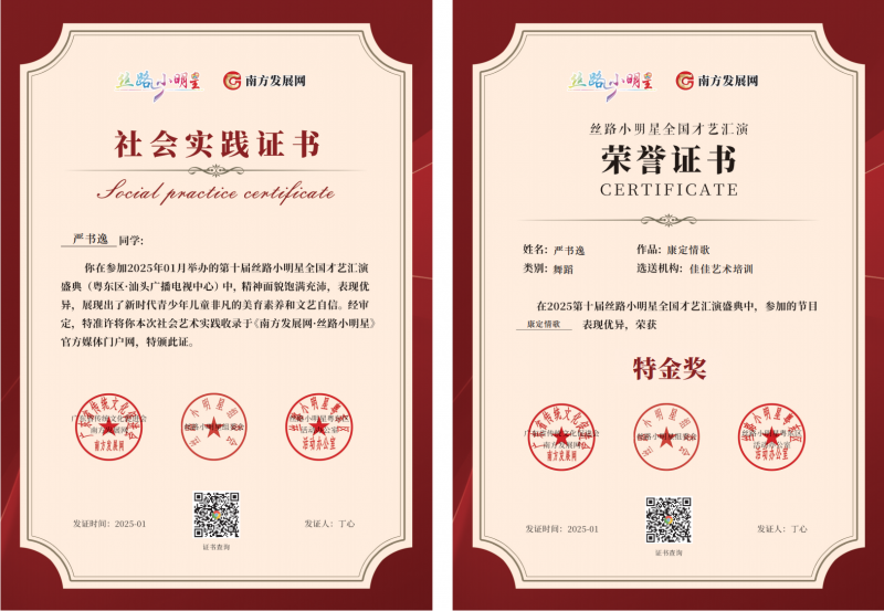 2025丝路小明星粤东区证书：严书逸